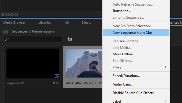 Right-click a sequence to create a new clip