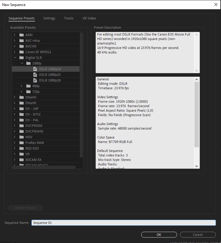 Sequence settings in Premiere