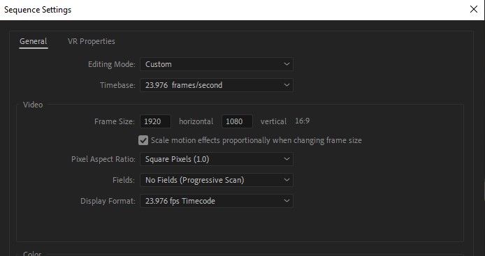 Adobe Premiere Pro 1080p timeline settings